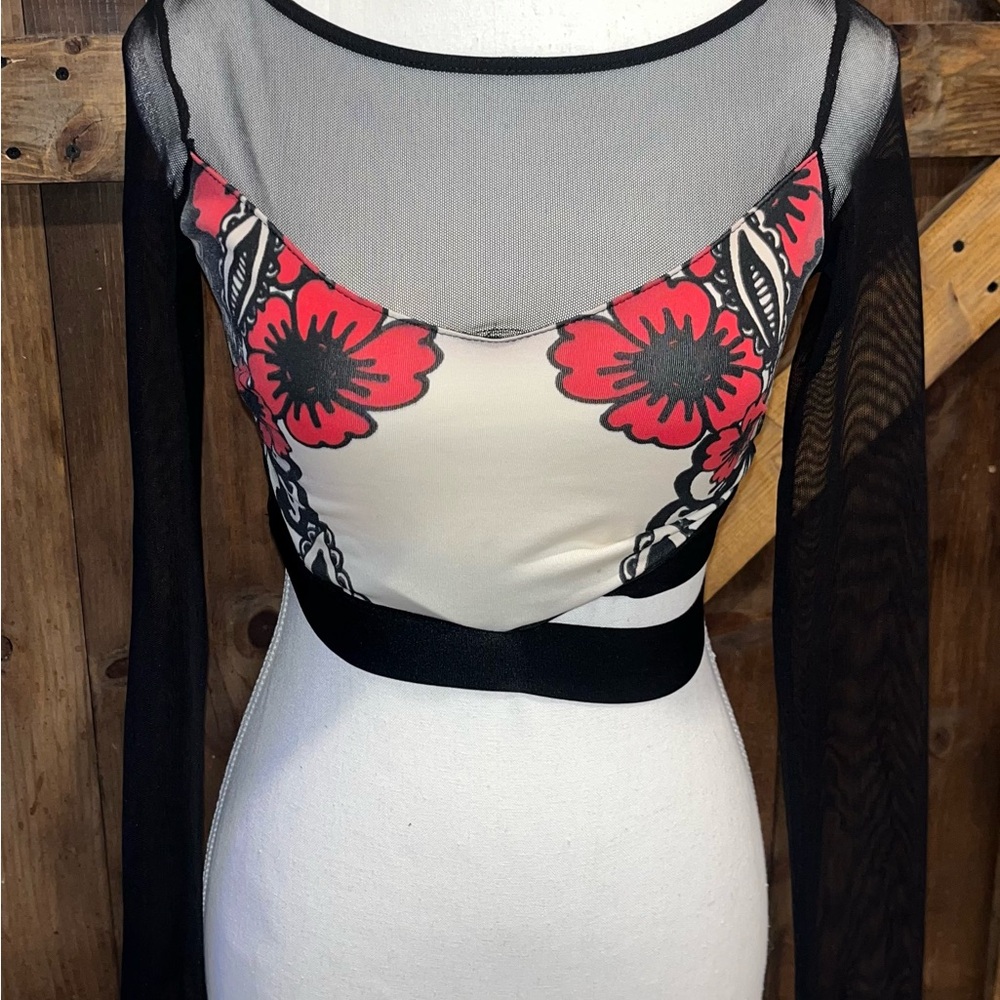 Bebe Black and Red Floral Mesh Crop Top
